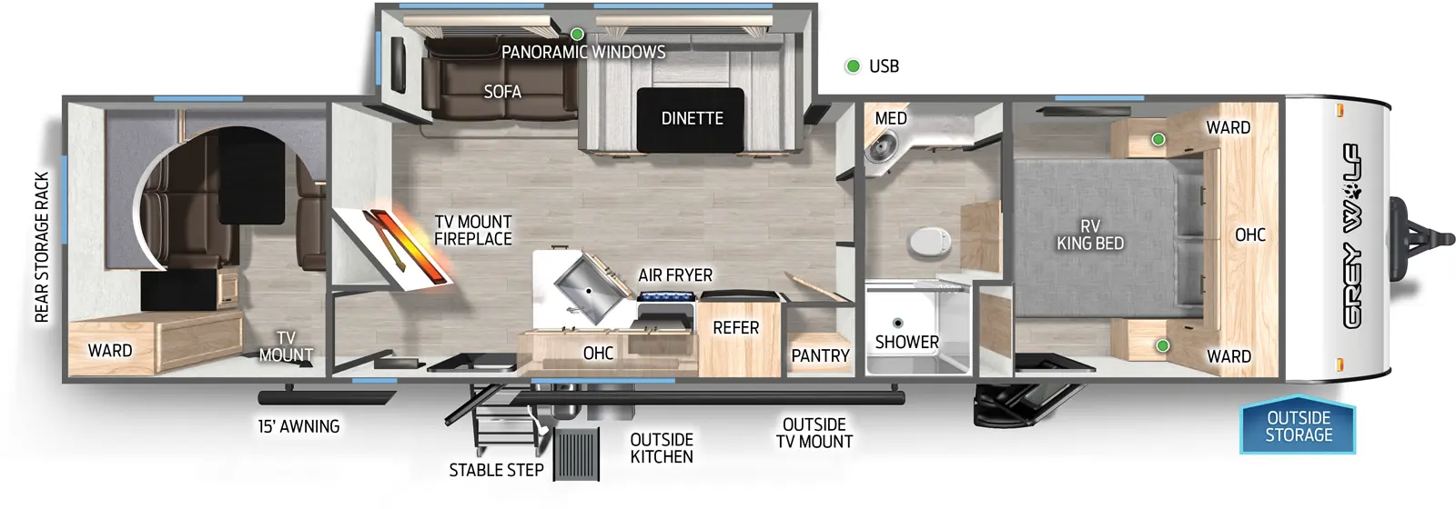 The Grey Wolf 29NM floorplan has two entries and one slide out. Exterior features include: metal exterior, 15' awning and outside kitchen. Interiors features include: bunk beds, u-dinette, front bedroom and pass through bathroom.